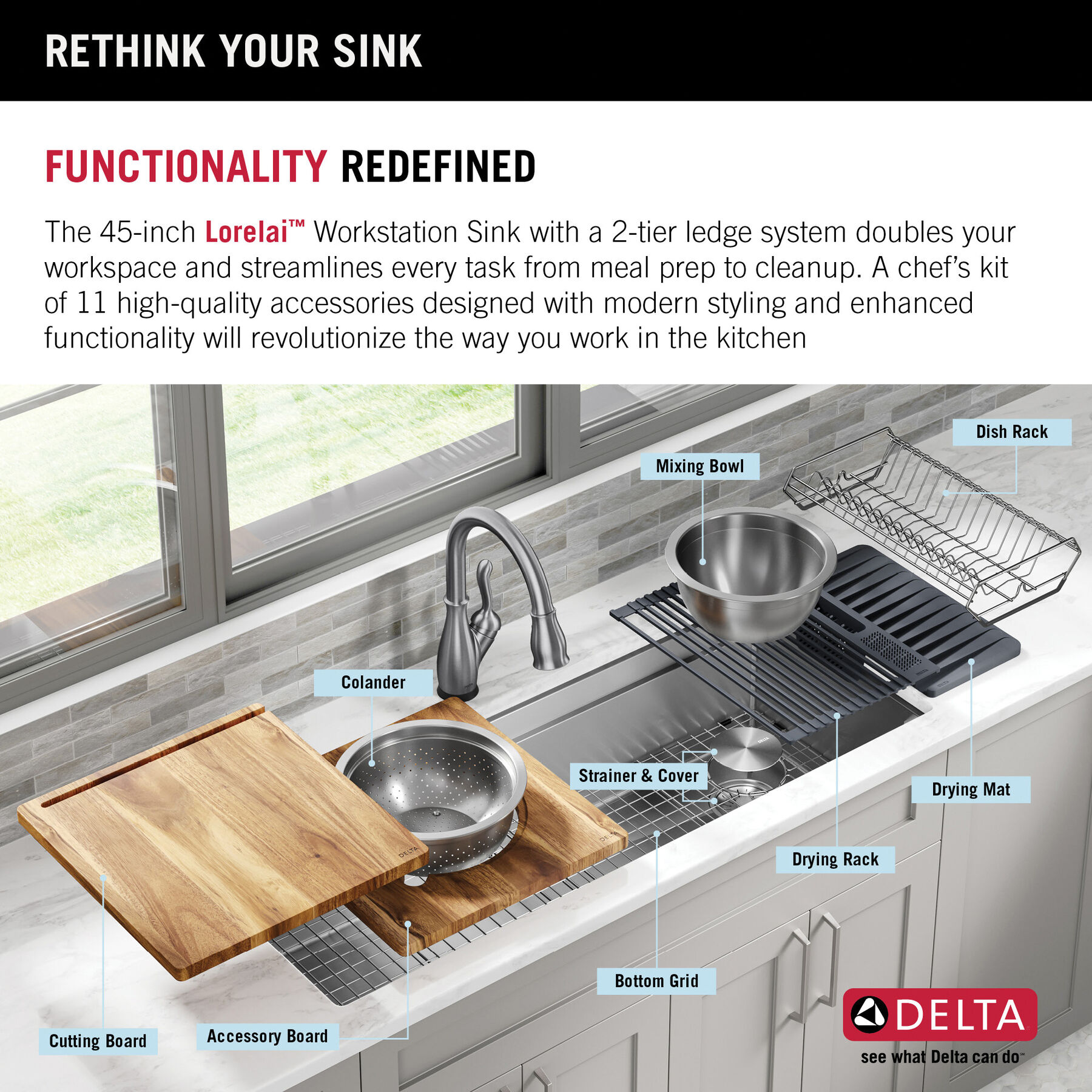 45” Workstation Undermount Single Bowl 16 Gauge Stainless Steel Kitchen Sink with 2-Tier WorkFlow™ Ledge and Accessories, image 12